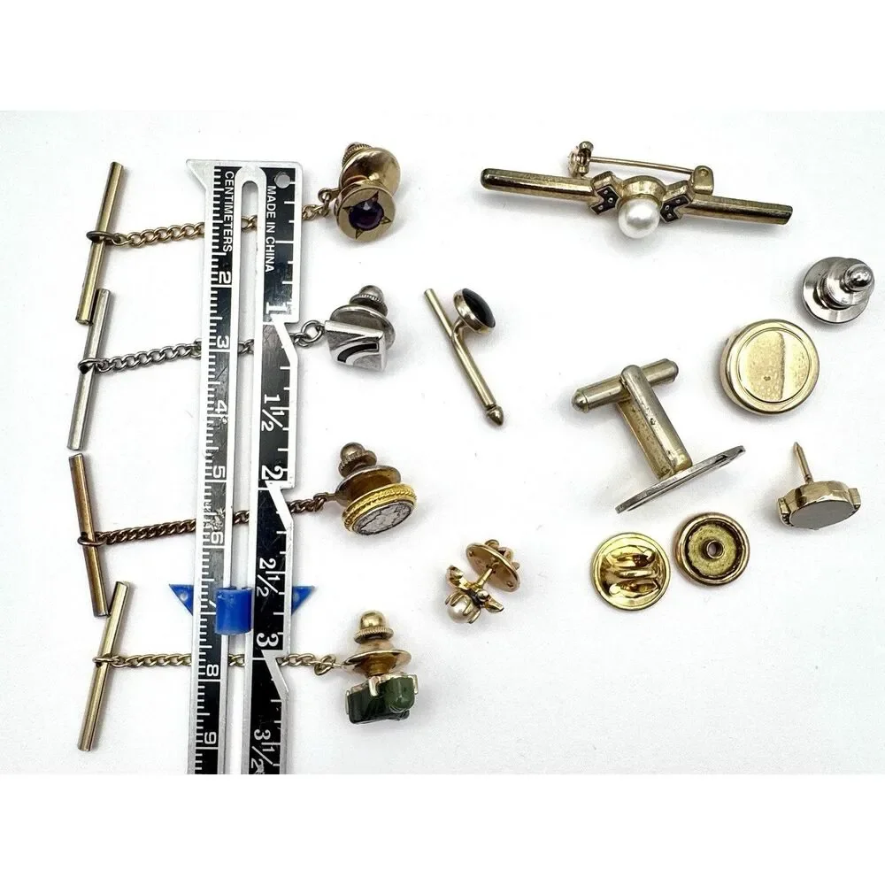 Lot of Vintage Tie Tacks Pins Jade Buddah Gold Tone Roman Coin Amethyst Pearl